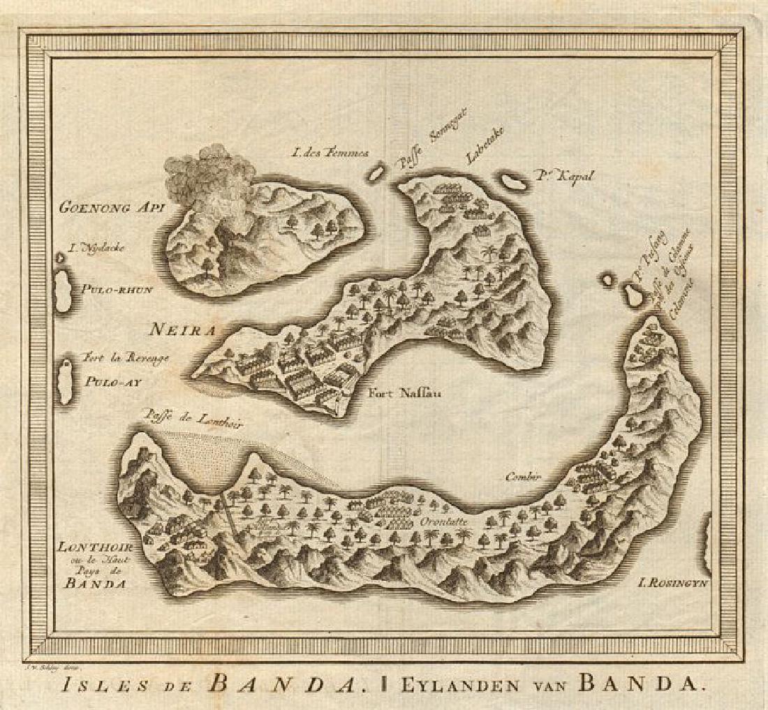 Isles de Banda' islands Molucca Maluku Naira Fort: TITLE/CONTENT OF MAP: 'Isles de Banda [The Banda islands]' Banda Islands, Molucca / Maluku Islands. Naira & Fort Nassau DATE PRINTED: 1755 IMAGE SIZE: Approx 20.0 x 21.5cm, 7.75 x 8.5 inches (Medium);