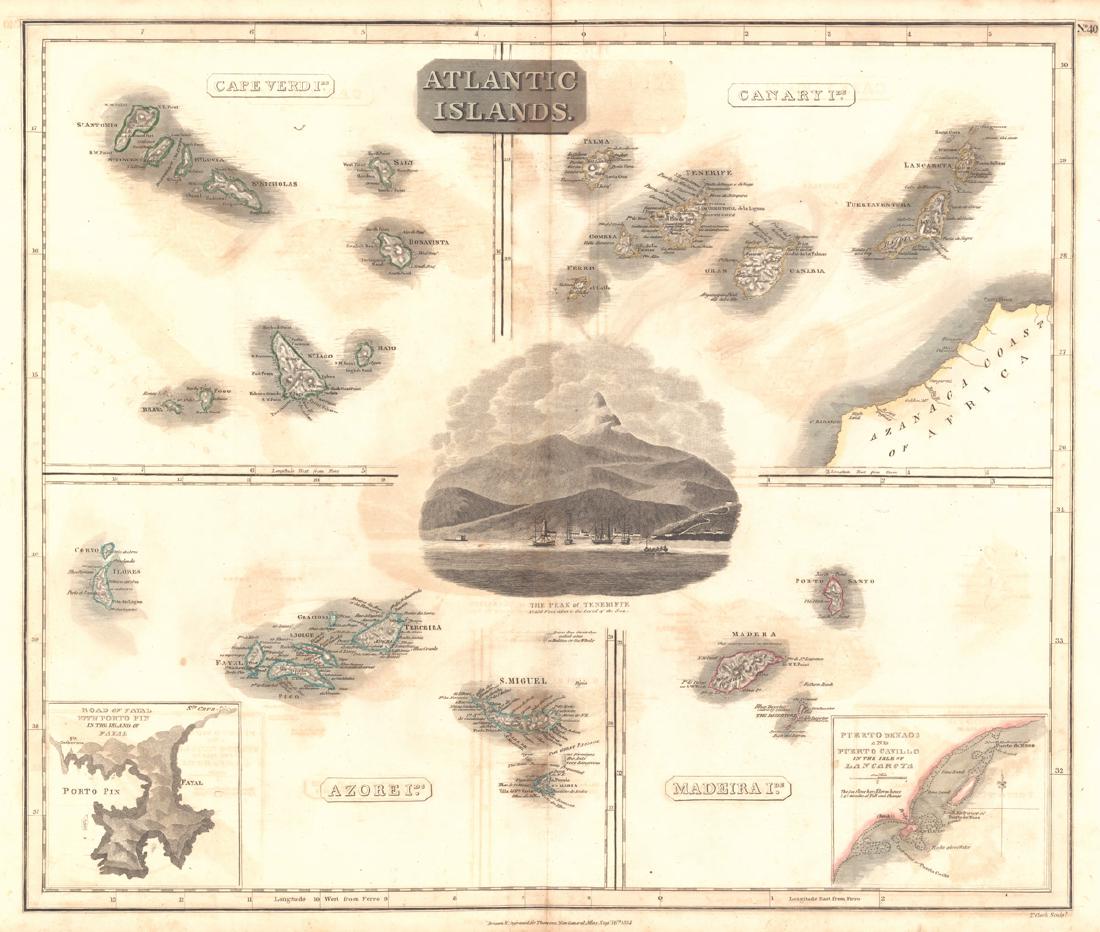 Atlantic Islands.: Title: Atlantic Islands. Publication Date: 1817 Cartographer: THOMSON, JOHN & CO.Publisher: JOHN THOMSON, JUNR. & CO. Size: 22.75Height - 23.3Width No.40 from Thomson's New General Atlas 1817. T. Cler