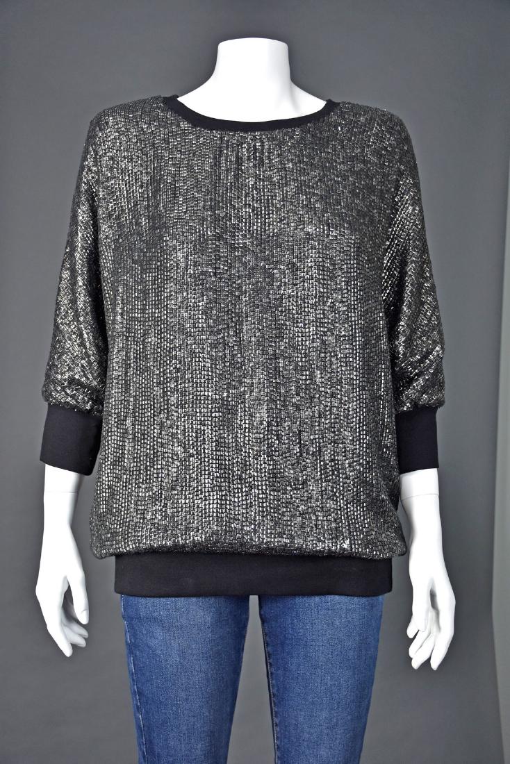 ADAM LIPPES Silk Pullover with Gunmetal Pailettes: Fabulous black silk pullover top completely covered in gunmetal-colored square paillettes from ADAM by Adam Lippes. Features 3/4 length dolman sleeves and knitted crew neckband, waistband and cuffs. S