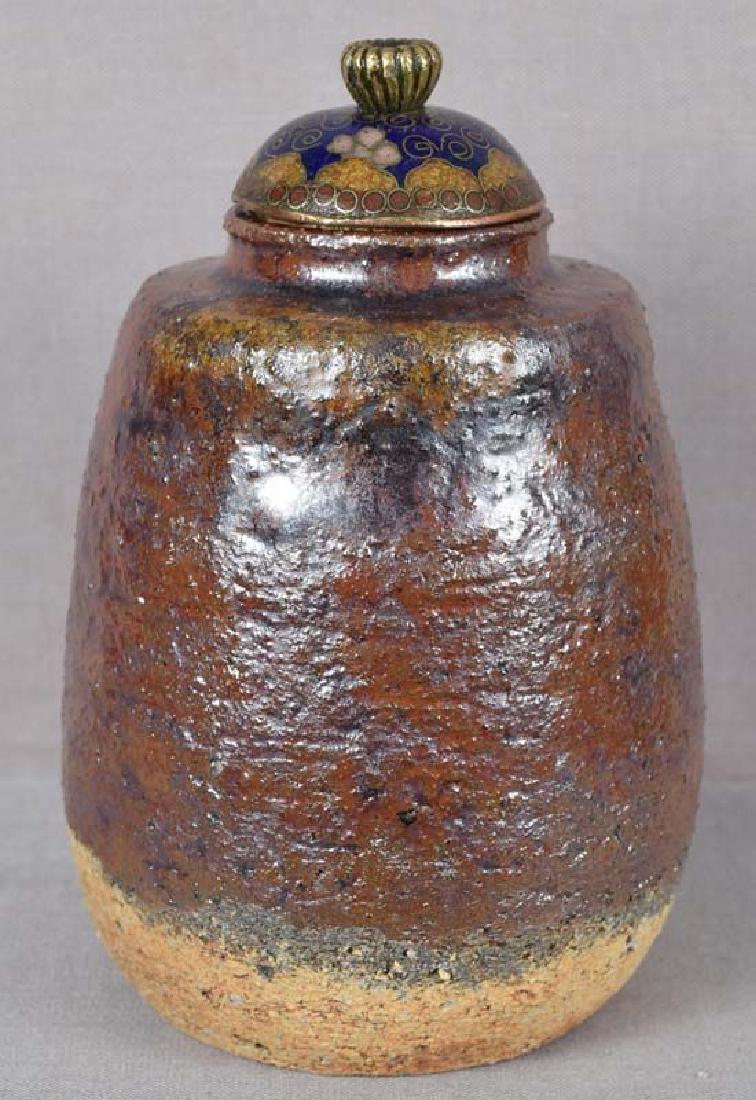 19c Japanese tea ceremony SHIGARAKI CHAIRE tea caddy: 19th century chaire (tea caddy for storing powdered green tea used in tea ceremony) with fat body and well defined shoulders, cloisonne cover. The piece was made at Shigaraki kilns - one of the six an