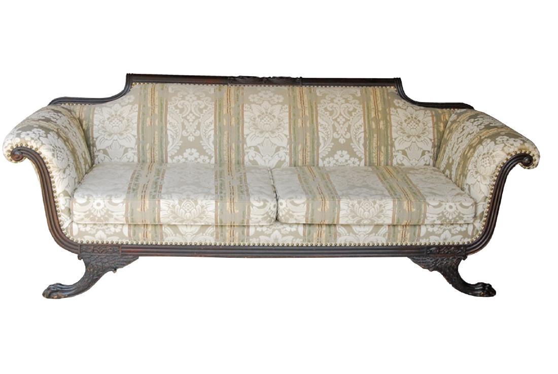 1860 Antique Philadelphia Federal Sofa Claw Foot Empire: Antique 1860 Empire Revival sofa, from Philadelphia, Federal or Duncan Phyfe style. . Mahogany frame with swag and floral accents along the top, scroll accents to the front of the high, flared armrest