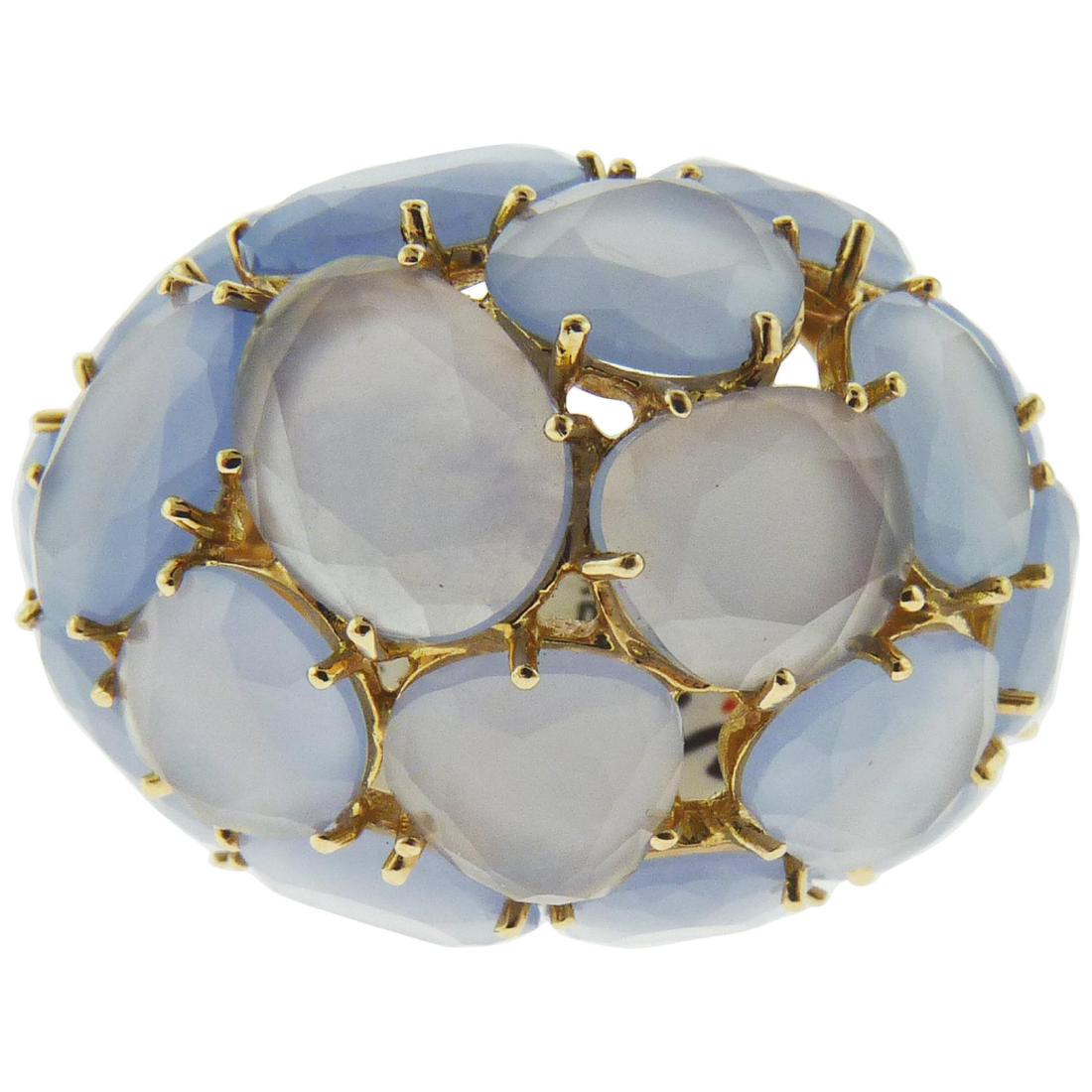 Pomellato 18 Karat Pink Gold Chalcedony Ring: Stunning ring created by Pomellato featuring 26.00 carat free shape chalcedony. Weight of ring 19.76 grams. Size 6. Signed Pomellato. Details Creator Pomellato Of the Period Contemporary Place of Orig