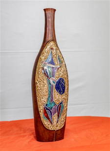 Marcello Fantoni Bottle: Condition; Good; Dimensions; Height: 19" / 48.26cm Diameter: 4" / 10.16cm / at base Designed By: Marcello Fantoni; No. of Items; 1; Description; Marcello Fantoni Italian glazed ceramic vase encased