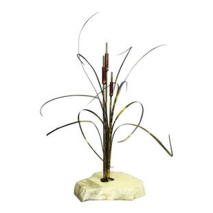 Botanical Art by Curtis Jere: Condition; Very Good; Dimensions; Height: 12.5" / 31.75cm Width: 10" / 25.4cm Designed By: Curtis Jere; No. of Items; 1; Description; Small Grass Sculpture attached to a beautiful white stone. This