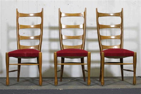 3 Buffa High Back Chairs: Condition; Dimensions; Height: 44" / 111.76cm Depth: 16" / 40.64cm Width: 19.5" / 49.53cm Seat Height: 19" / 48.26cm; No. of Items; 3; Description; 3 Paolo Buffa High Back Chairs Reserve: $900.00 