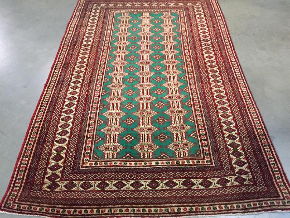 UNIQUE TURKAMON RUG 4'.3"X6'.7": 4'.3"X 6'.7" MAGNIFICENT HAND KNOTTED WOOL ANTIQUE PERSIAN TURKAMON RUG GREEN, RED AND MULTI ACCENT COLORS 100% HAND SPUN WOOL HAND KNOTTED IN IRAN CIRCA 1960 Reserve: $450.00 Shipping: Domestic: Flat