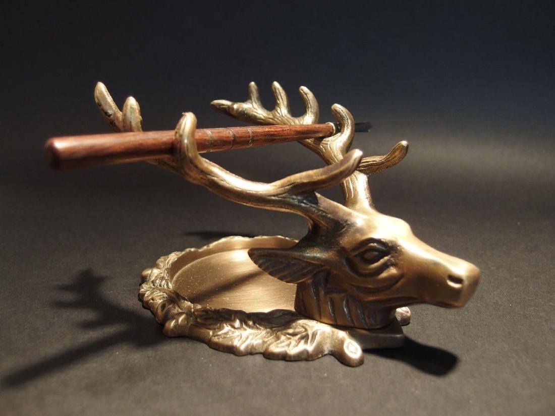Brass Elk Deer Stag Pen Inkwell Holder Desk Stand: 6 5/8" Long 4 1/4" wide x 3 5/8" Tall Nice reproduction of an antique pen holder. Pen and inkwell shown is not included.... (is available separately) This piece is all solid brass, well made! Good qua