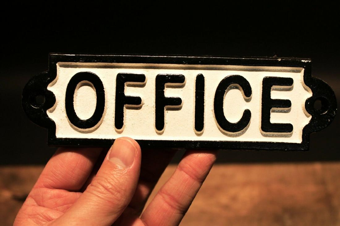 Cast Iron Retro Office Door Sign: 6 7/8" Wide ear to ear 2" height A wonderful reproduction cast iron "Office" sign plaque. As you can see these were hand painted and slightly distressed to look old. Reserve: $15.00 Shipping: Domestic