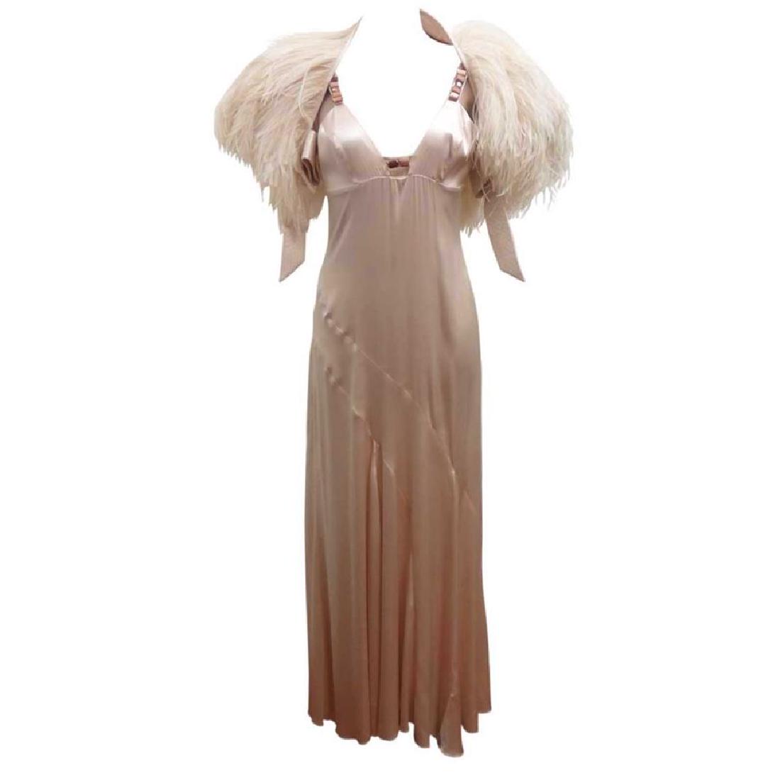 Byblos; Dress with shawl: Silk Long dress Rose antique / Ivory color Ostrich plumage shawl High tailoring, hand made stitching, seamstress' hand costruction Total lenght /shoulder/hem) cm 150 (59 inches) Reserve: $655.00 Shipp