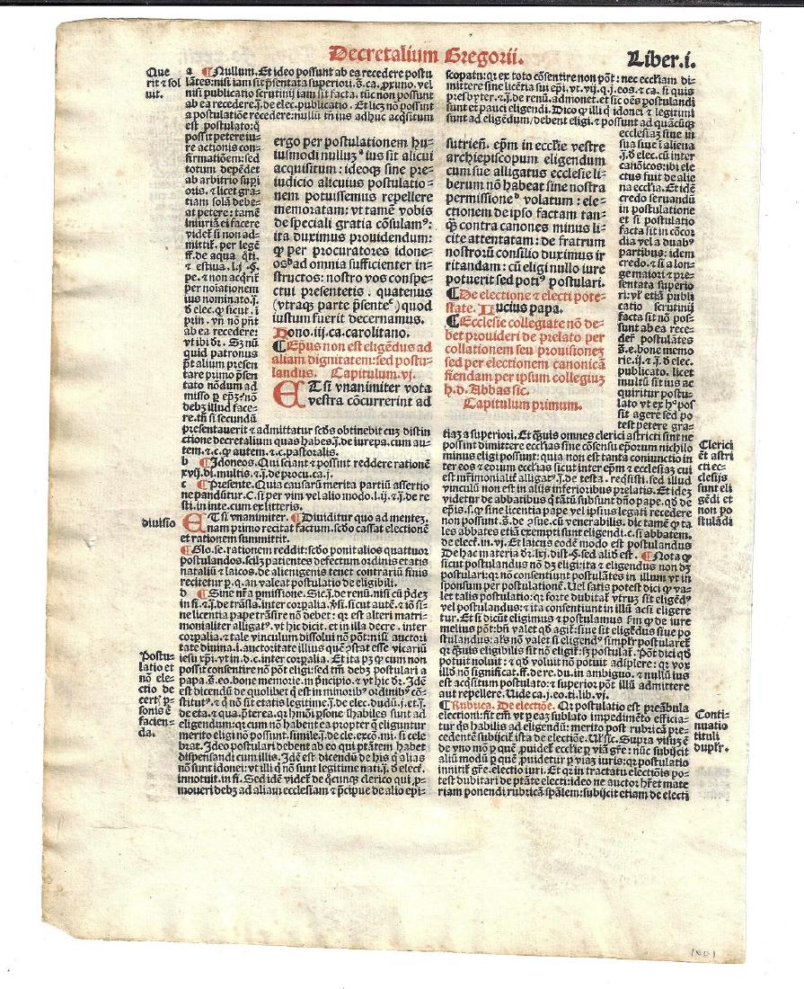 1516 Leaf Decretals of Pope Gregory IX: Title: 1516 Leaf Decretals of Pope Gregory IX Provenance: 1516 leaf from the Decretals of Pope Gregory IX, printed at Paris. In red and black on fine paper. Measures 7 x 9”. Accompanied by color cop