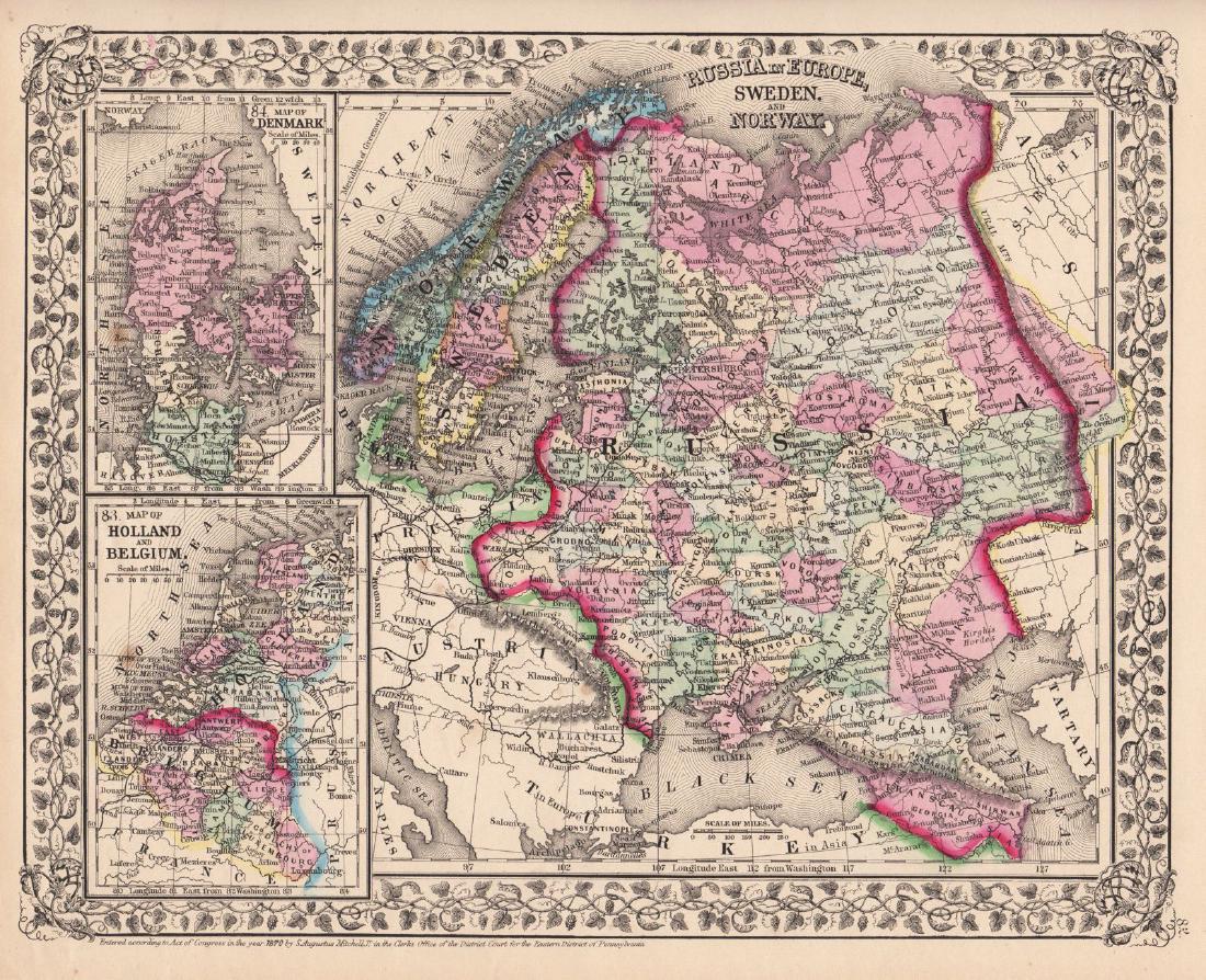 Mitchell: European Russia & Scandinavia: Place/Date: Philadelphia / 1870 Size: 13 1/2" x 10 3/4" Condition: full color; light overall age toning The beautifully detailed and colored map of Scandinavia and European Russia (encompassing presen