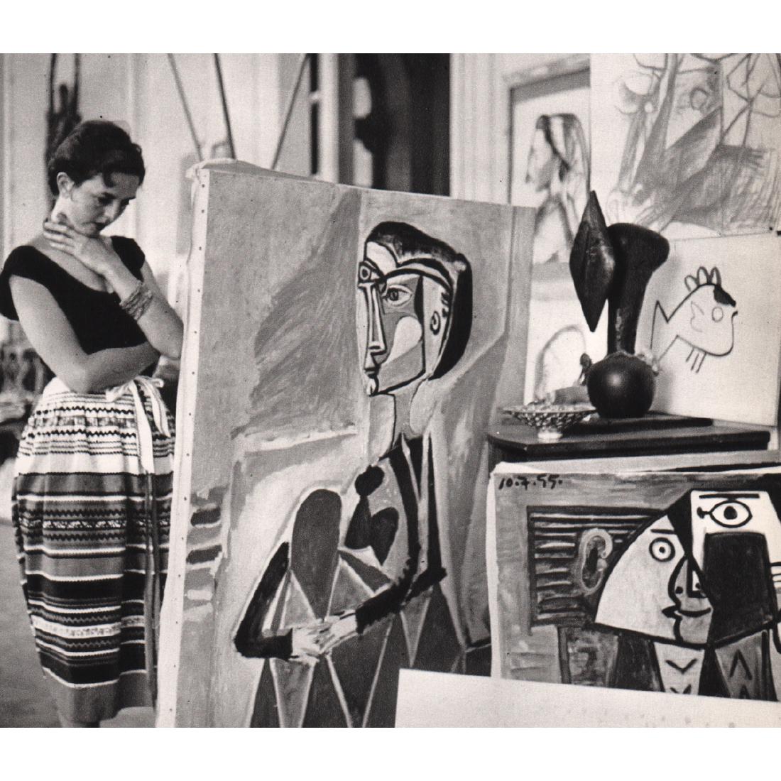 JACQUES HENRI LARTIGUE - Florette at Picasso's Studio: Artist: JACQUES HENRI LARTIGUE Print Title: Florette at Picasso's Studio, Cannes 1955 Florette is Lartiques wife Medium: Sheet-fed Gravure Printing Date: 1970's Printed in France Image Size approx: 7 