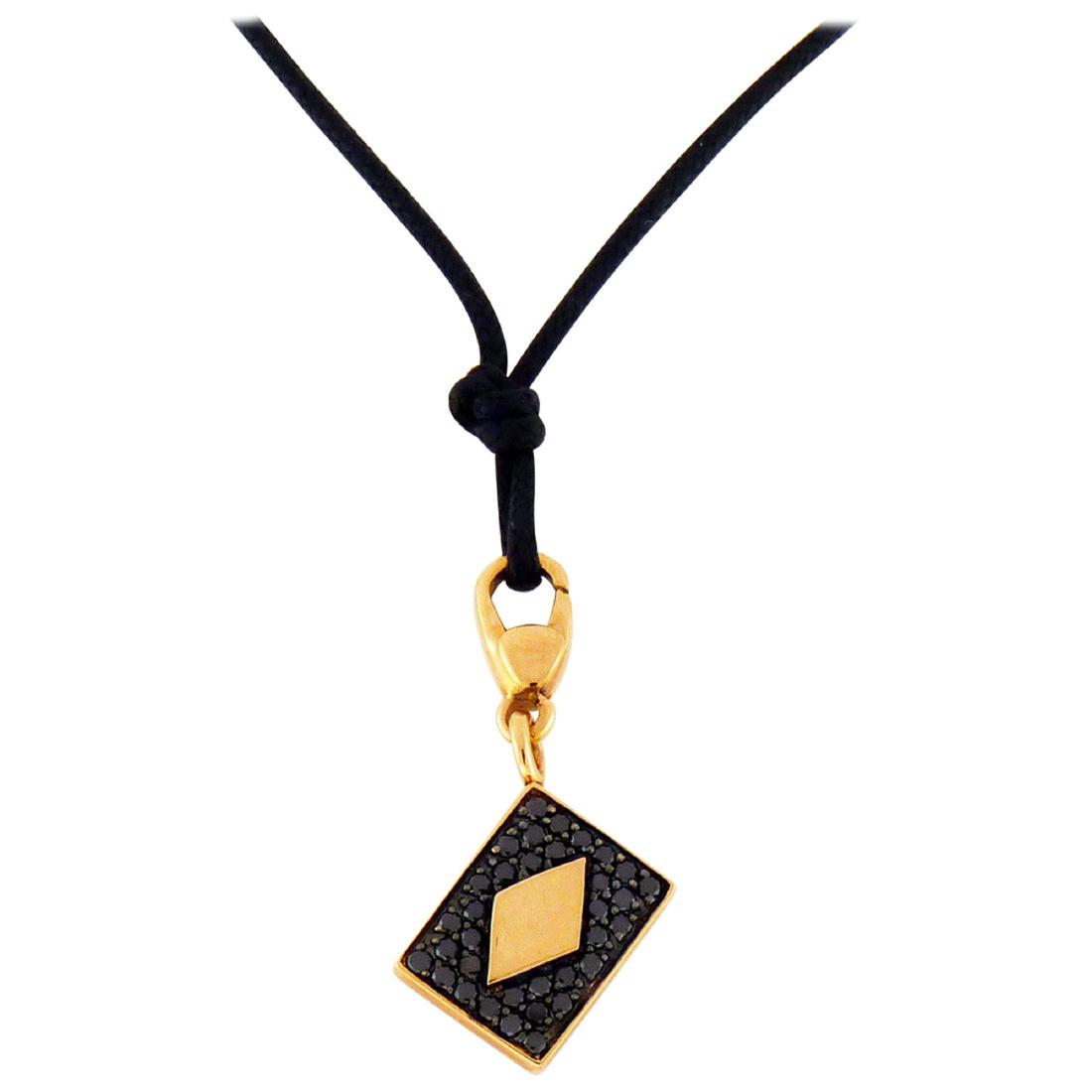 Black Diamond 18 Karat Gold Four Card Charm/Pendant: New with tags, a fine Crivelli 0.35 carat black diamond 18K Rose Gold diamond card charm and/or pendant necklace suspended on a black cord with 18K gold closure. Available with three additional charms