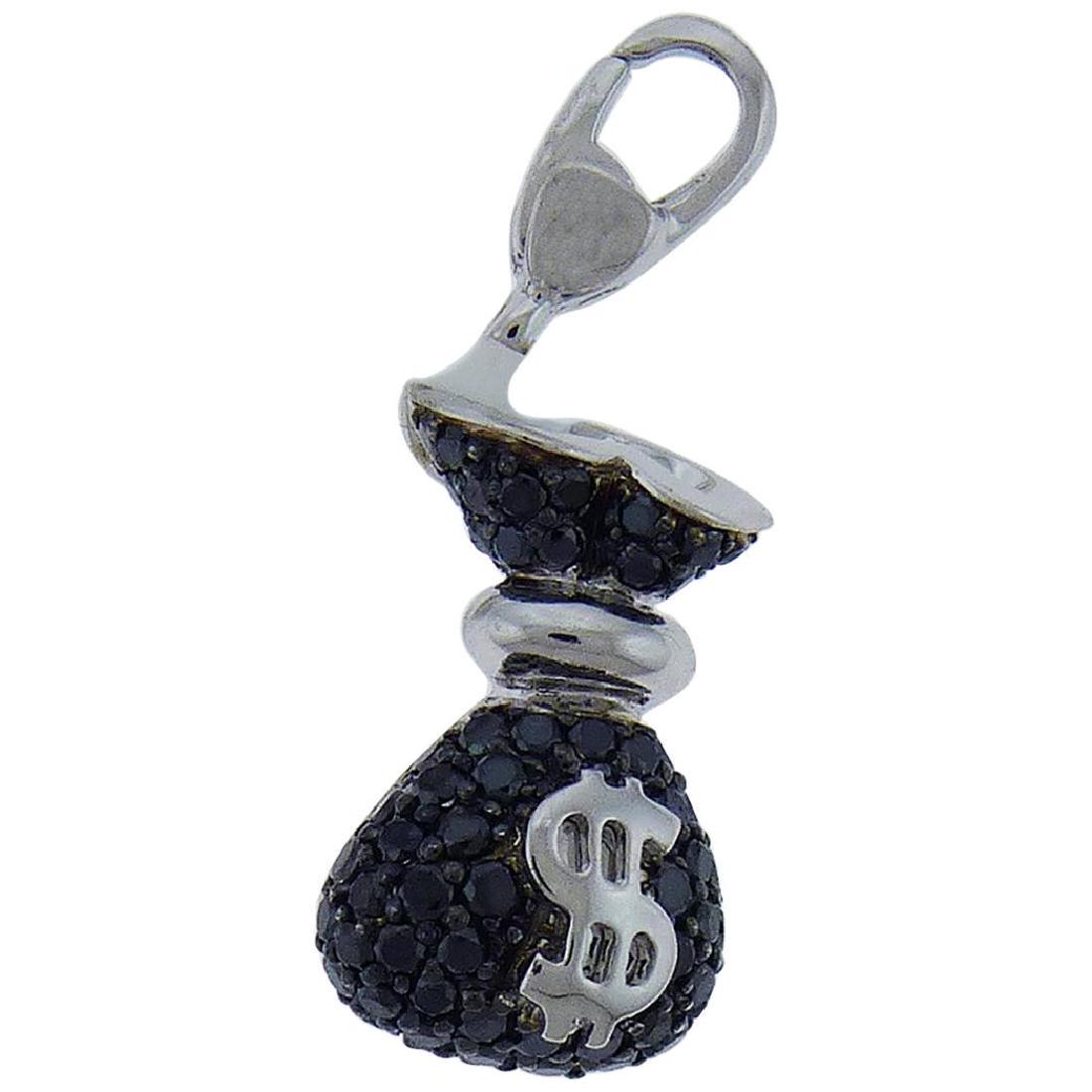 Black Diamonds and 18 Karat White Gold Money Bag Charm: Money bag bracelet charm with a "$" sign embellished with black diamonds and set in 18K white gold. Created by Crivelli in Italy. The length of a charm is 1.1 inch. Bracelet is not included. Details C
