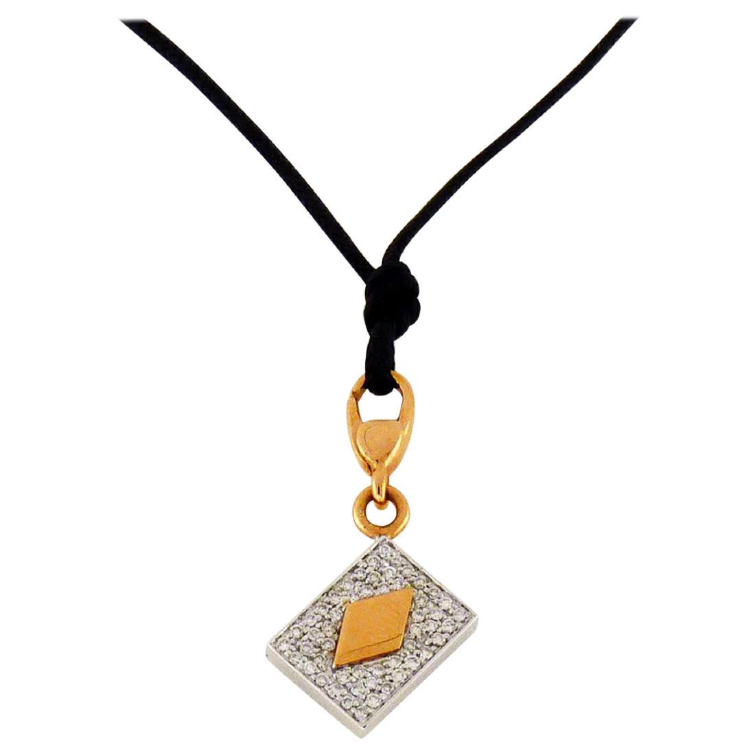 White Diamond 18 Karat Gold Four Card Charm or Pendant: New with tags, a fine Crivelli 0.22 carat white diamond 18K White and Rose Gold diamond card charm and/or pendant necklace suspended on a black cord with 18K white gold closure. Available with three a