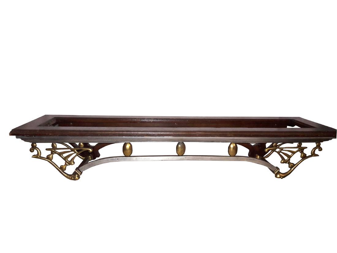 Architectural Wall Shelf Art Deco Style Fireplace: Handsome and unique brass and mixed metal fireplace fender or bench, wood brace, can be used as a fireplace fender, adapted to bench or footstool, mounted as an architectural wall shelf. Dimensions: 5