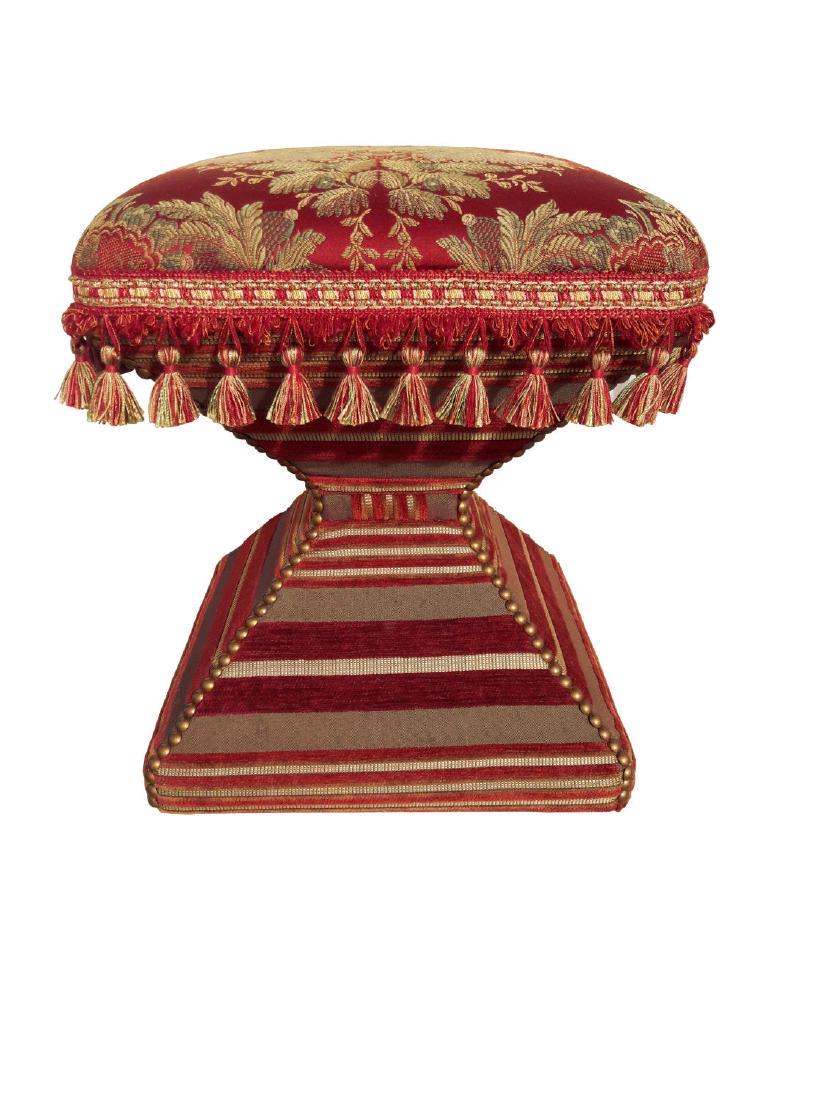 Brocade Tassel Upholstered Footstool French Tassel: Lush brocade entirely upholstered designer footstool/tabouret/ottoman. Rust/maroon/gold/green thick brocade top upholstered footstool, complimentary tassel trim, sides in multiple matching and contras