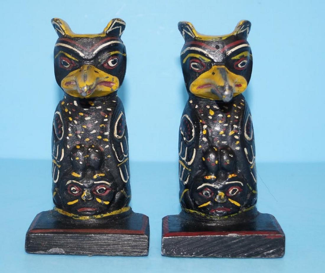 Antique Indian Totem Pole Bookends: Title: Antique Indian Totem Pole Bookends Date: Circa 1920's. Dimensions: Weight – 9 lbs. 6" tall x 3 1/8" wide x 1 3/4" deep. Provenance/Additional Information: Superb nostalgic, authentic totem po