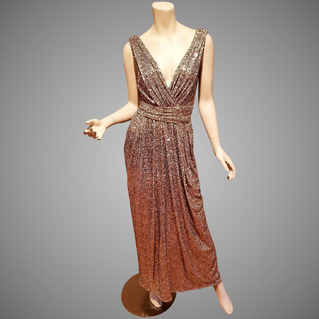 Vtg Golden Hollywood Glitz sequin Gold Grecian draped: Temptress Goddess tiny gold sequined Grecian Gown cross over bodice with sash draped at the maxi skirt. Plunge V Front and back. really to die for. All lined Bust-34-36" Waist-28" Hip-Free In very goo