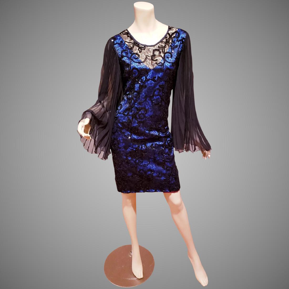 Vtg Guy Laroche Paris Demi Couture lace Dress pleated: This one is a stunner , Demi Couture, Iconic Guy Laroche Boutique Lace dress atop an azul blue satin,pleated chiffon bat sleeves , sweetheart bodice. In very good vintage condition,late 1980's early 9
