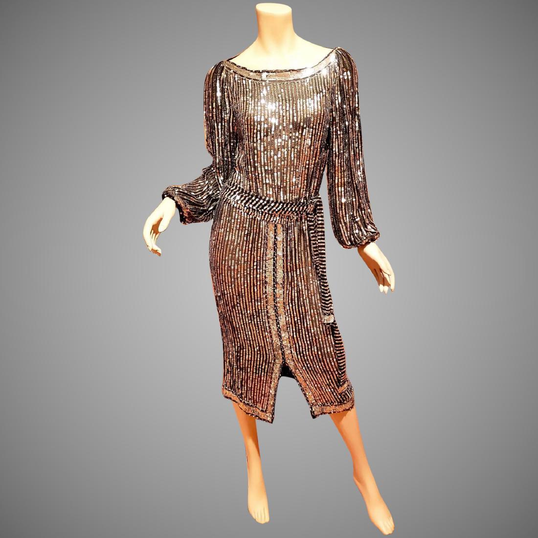 Vtg 1960's Silver Lame fully Sequined silk chiffon: Magnificent Flapper dress from the late 1960's. All fully hand embroidered silver sequins. In an amazing design . slit front skirt. Double sequins at borders. with tie belt at elastic waist. In very g