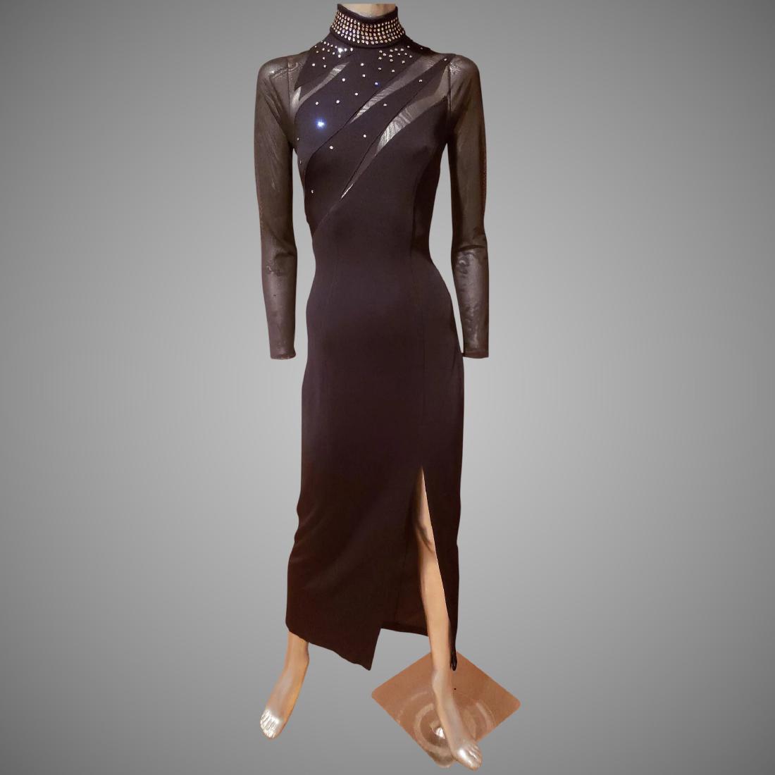 Vtg Cache' Rhinestone embellished mesh maxi dress side: A true beauty and very sensual. High neck, rhinestone embellished solid and mesh design in a diagonal mode. Diagonal back zipper and hook closure. Bust-30-33" Waist-28" Hip-36" Will Stretch. Please no