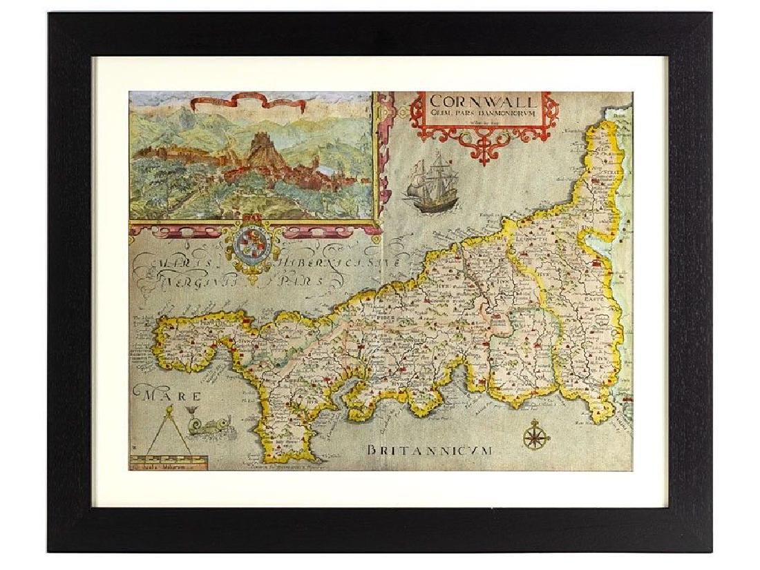 c1610 Map of Cornwall after Saxton by William Kip: c1610 Map of Cornwall after Saxton by William Kip Original hand coloured copper engraved map of Cornwall, issued as a second edition in 1610, in William Camden's 'Brittania' based upon the work of Chr
