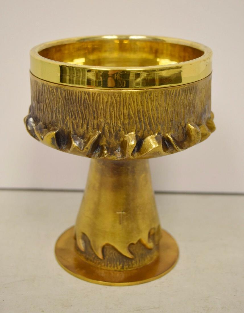 Nice Older Gold Plated Chalice - 6 1/2" + (CU158): This is a nice older Chalice as shown + The chalice stands 6 1/2" tall, 5" cup diameter, 4" base diameter + No memorials + Unusual design to this piece + Gold Plated finish Very sturdy + A Great find 