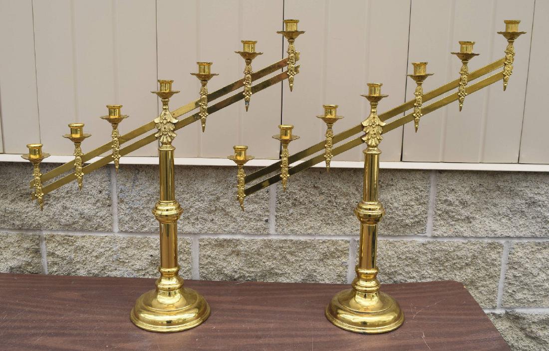 Pair of Brass 7 Light Altar Candelabra Candlesticks +: Here is a nice pair of brass 7 light Altar Candelabra Candlesticks as shown + They are 20 1/2" tall (to middle socket) and 26" wide + Total height of 25 7/8"7/8" Sockets + Ready to use in your church