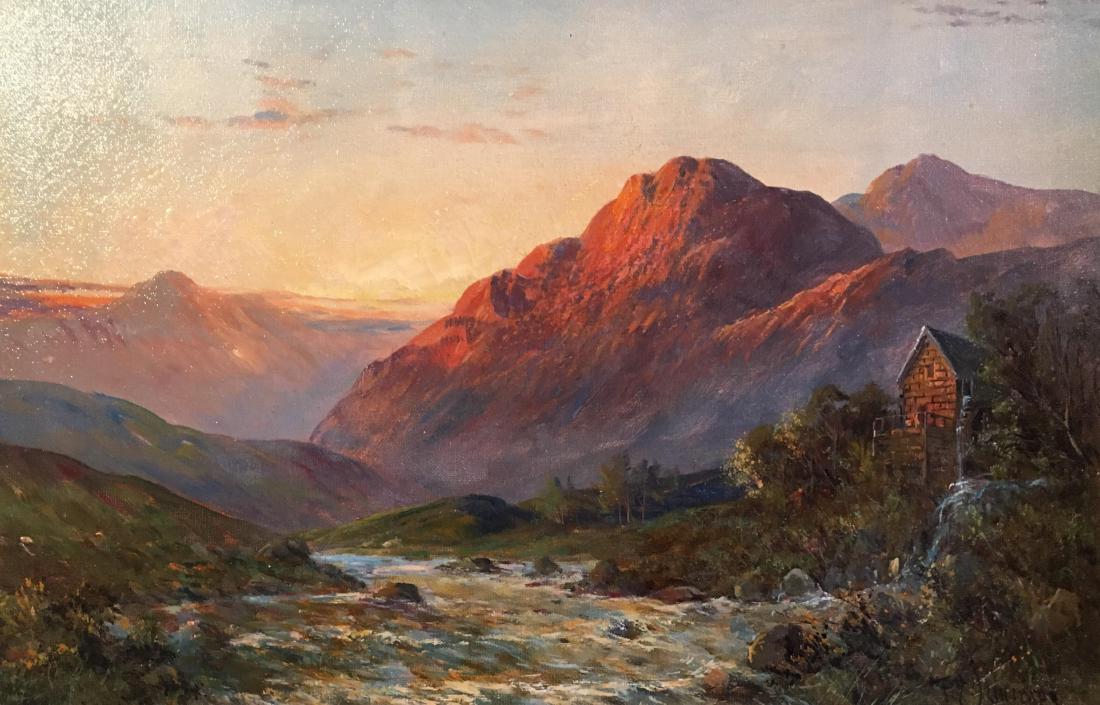 The Old Mill, Allan Water, Sunset Antique Scottish Oil: The Old Mill, Allan Water, Sunset Antique Scottish Oil Painting, Signed by F. E. Jamieson (British 1895-1950) Signed on the lower left hand corner, titled verso oil painting on canvas, framed Framed s