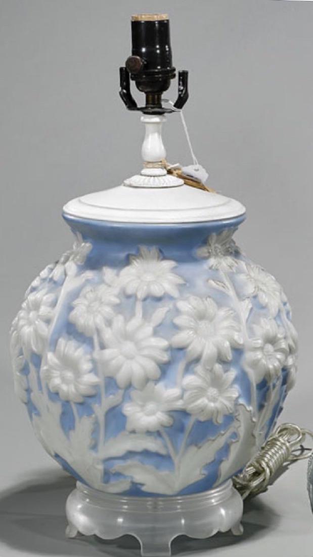 Antique Art Deco Blue & White Glass Lamp: Each measures approximately: 17.5" tall. Antique Art Deco Blue & White Glass Lamp IN EXCELLENT CONDITION!!! Reserve: $275.00 Shipping: Domestic: Flat-rate of $65.00 to anywhere within the contiguous U