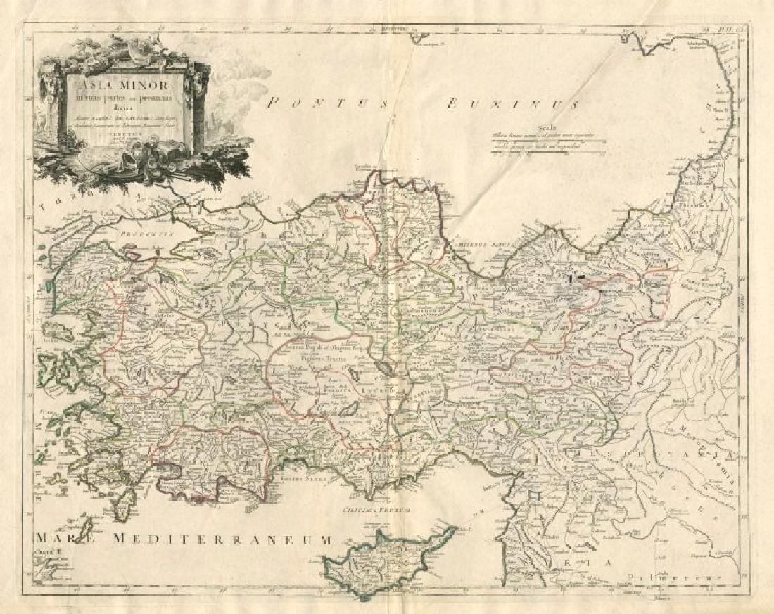 "Asia Minor in suas partes et Provincias divisa".: TITLE/CONTENT OF MAP: 'Asia Minor in suas partes et Provincias divisa. Auctore Robert de Vaugondy Geog. Regis, et Academiae Scientiarum ac Litterarum Nanceiana Socio. Venetiis apud P. Santini, Chez Mr