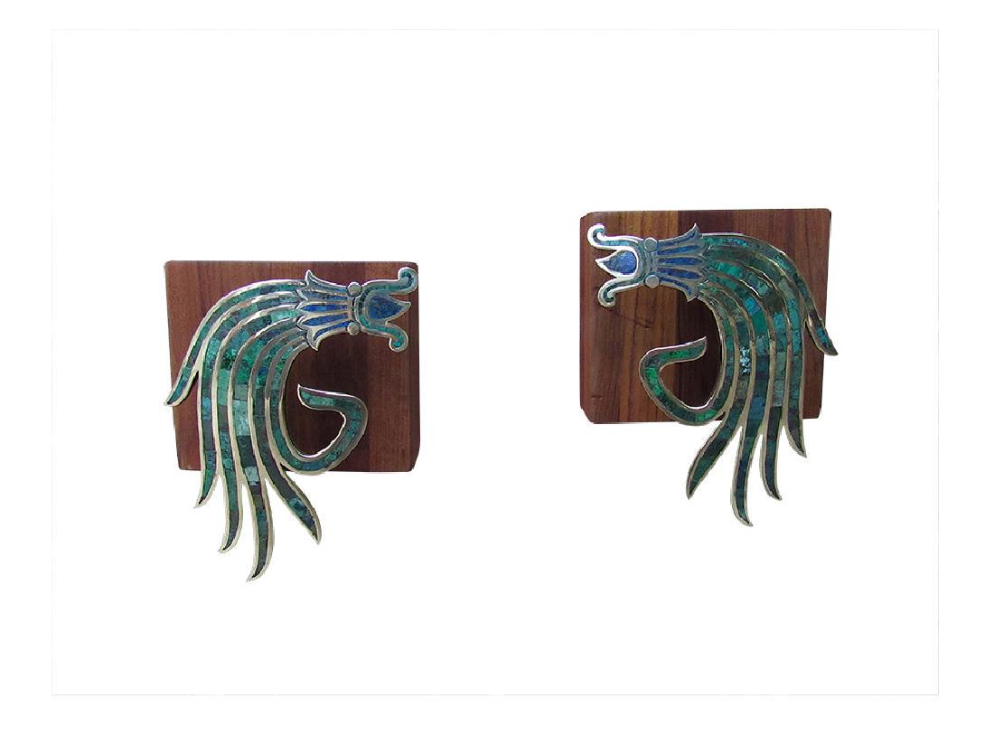 Rare Mexican Modern Los Castillo Drawer Pulls On Teak: Exceptional and rare drawer or cabinet pulls by world renown Mexican modern artists Los Castillo. Rare set polished and mounted to teak blocks. Constructed of solid brass & natural stone inlay. Stampe