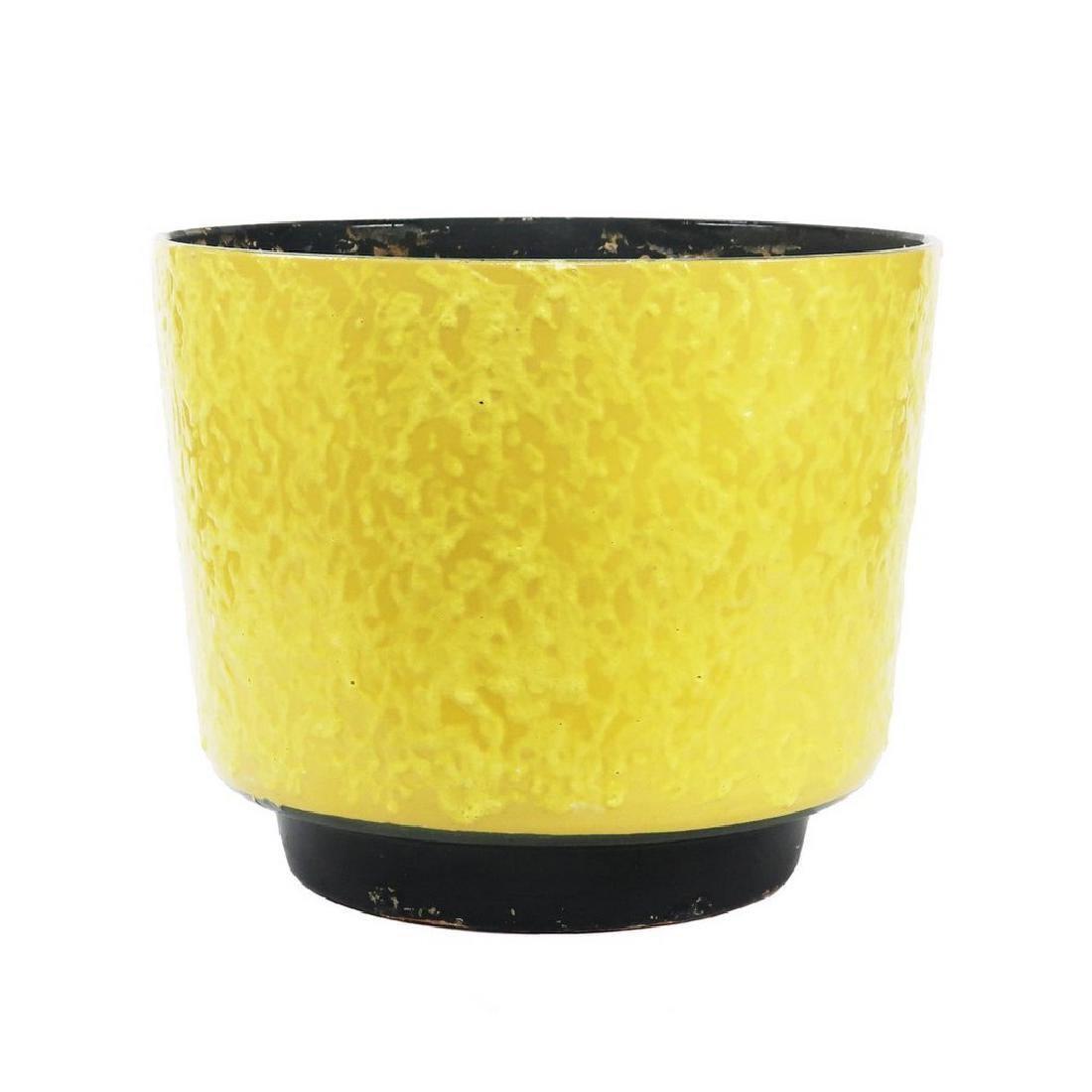 Extra Large Mid-Century Modern Cylindrical Ceramic: An extra large cylindrical mid-century modern ceramic planter in the “Fat Lava” (a very tactile textured exterior) style with a bright yellow glaze that fades into a rich dark brown/black at the b