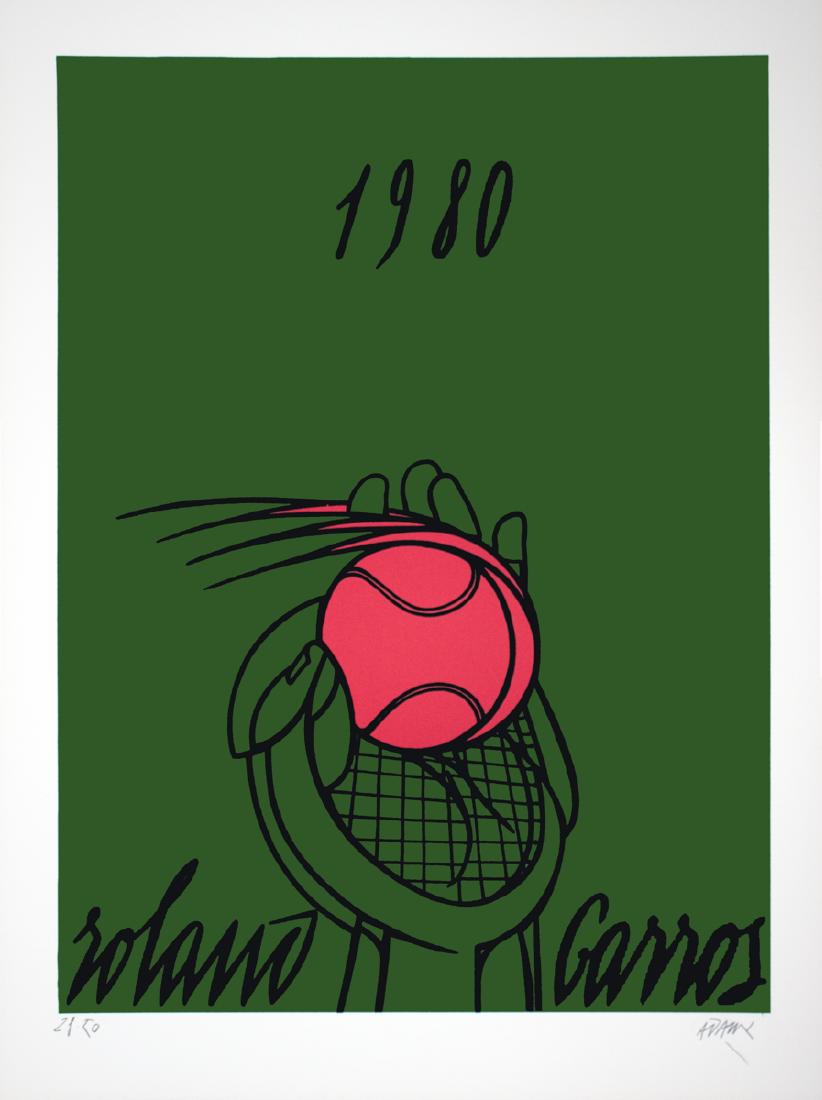 Valerio Adami: Roland Garros French Open (Green): "Roland Garros French Open (Green)" by Valerio Adami, 1980 Signed Lithograph. Paper size is 34 x 26 inches, with an image size of 34 x 26 inches. The Lithograph is from an edition size of 50 and is no