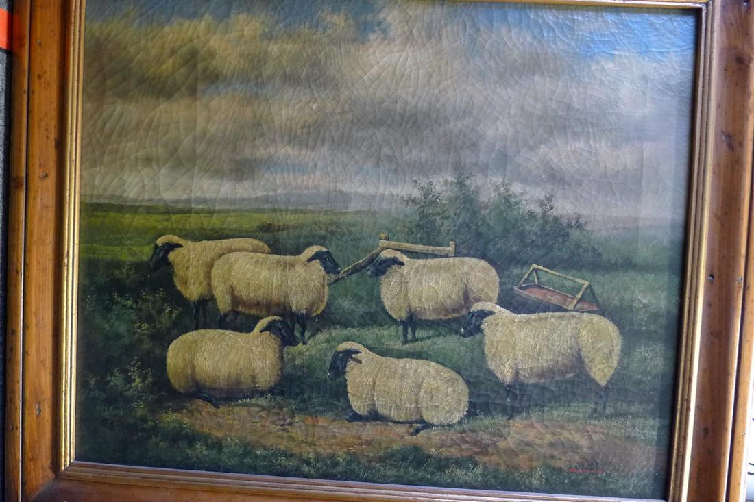 Trevor James oil painting: Trevor James oil painting canvas 30" x 36" Beautifully framed oil painting we believe is signed by Trevor James of sheep IN a field. It is cracked and needs to be restored. needs restoration. Reserve:
