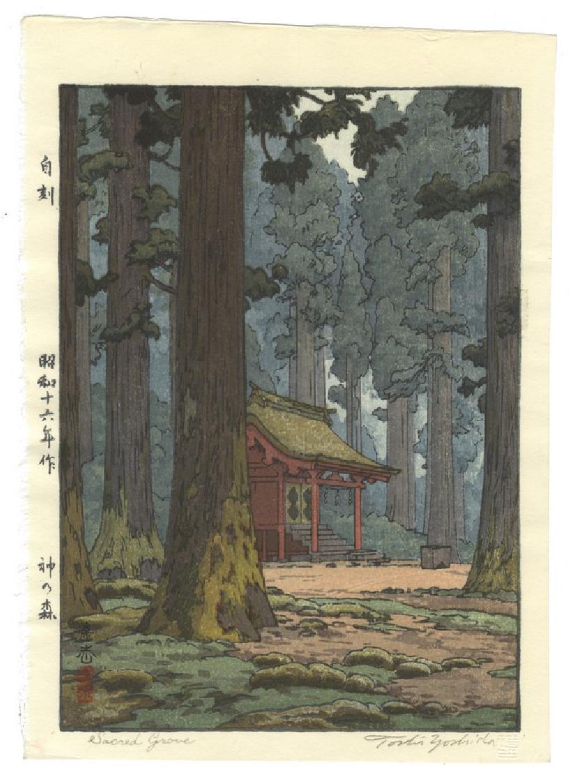 Toshi Yoshida (1911-1995): Sacred Grove: Artist: Toshi Yoshida (1911-1995) Title: Sacred Grove Date: Posthumous print from original woodblock [first published 1941] Medium: Japanese Woodblock Print Size/Format: 19.7 x 27.7 cm Reserve: $300.0