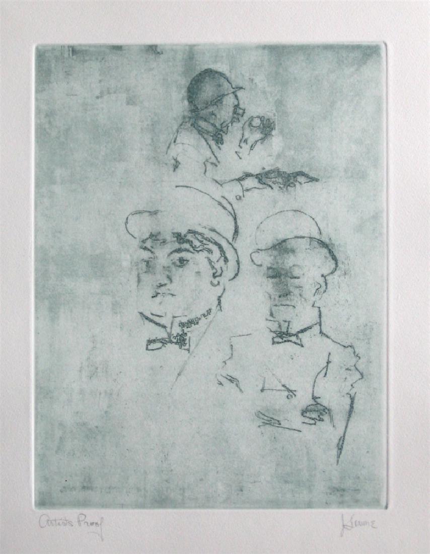 Jack Levine signed original etching "Thieves": Medium: original soft ground etching, signed in pencil and annotated "Artist's Proof". This etching was executed in 1967 for the "Dreigroschen Film" series, for the limited edition portfolio published