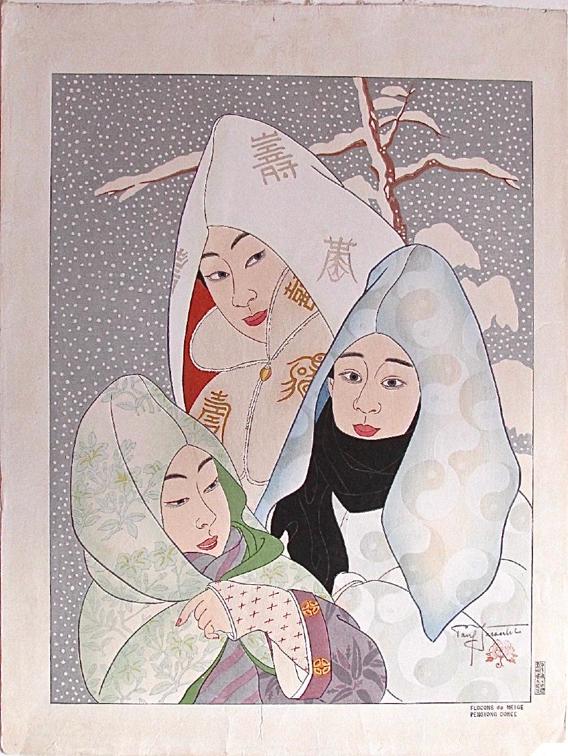 Jacoulet : Flocons De Neige: Artist: Paul JACOULET Subject: Flocons De Neige. Peng-yong, Coree (Snowflakes) Publisher: Self published Carver: Maeda Printer: Honda Signature: Paul Jacoulet in pencil, Peony seal, PJ elaborate seal 