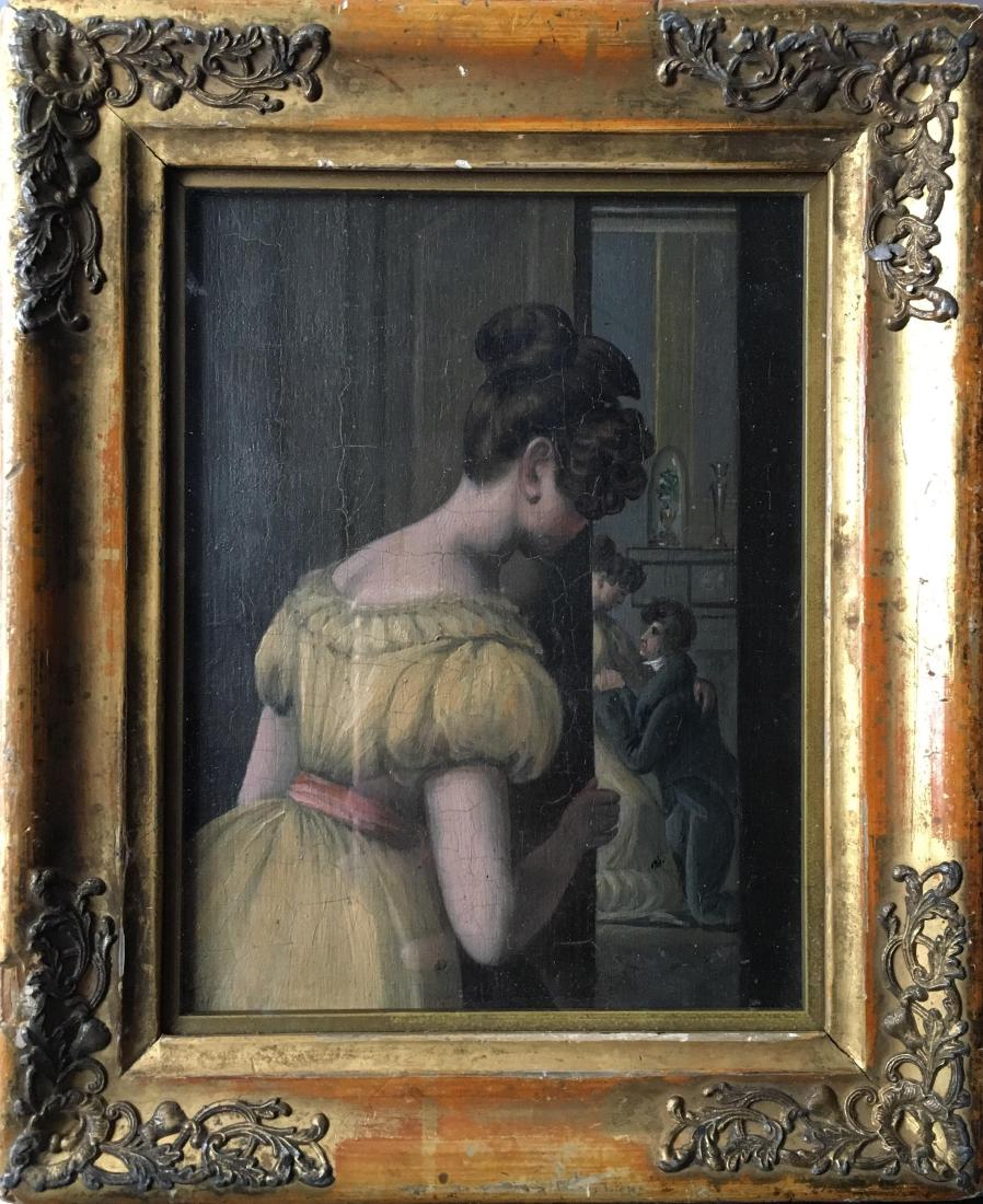 ‘Caught in the Act’, Antique British Oil Painting c.: ‘Caught in the Act’, British Oil Painting circa 1800 The artist has titled the painting verso Oil painting on wood panel, framed Frame size: 9 x 7.5 inches Scandalous oil painting of a smartly dre