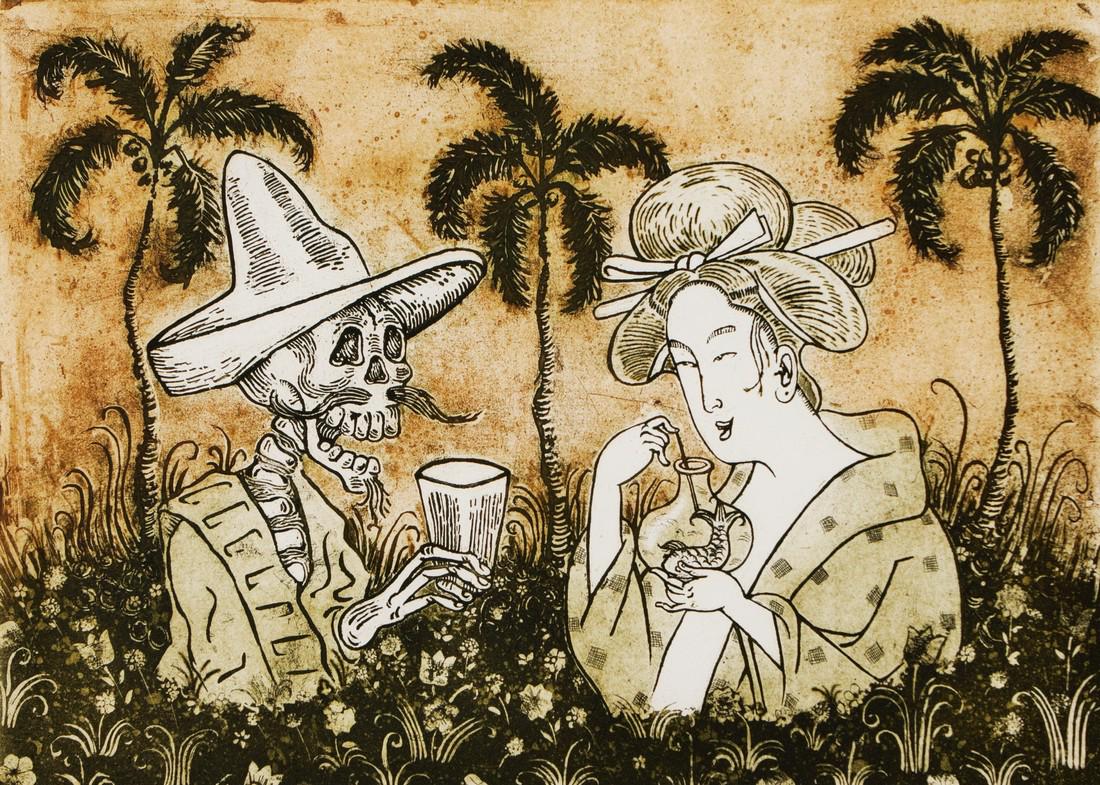 Eduardo Abela: Well, my tequila has a fish: Artist: Eduardo Abela Title: Well, my tequila has a fish Date: 2006 Medium: Sugarlift Image Size: 51 x 71 cm. (20 x 28 in.) Overall Size: 58 x 78 cm. (23 x 30¾ in.) Publisher: La Siempre Habana