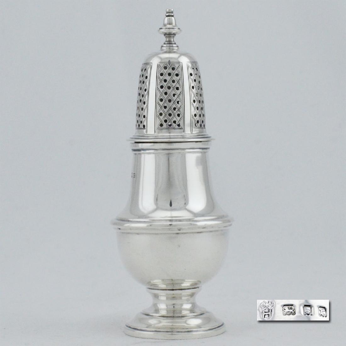 British antique silverware sterling silver cruet sugar: Title: British antique silverware sterling silver cruet sugar bottle handmade engraved net texture 1932 London system Maker/Designer: C S Harris & Sons Ltd Origin: London, England Date/Period: 1904-19