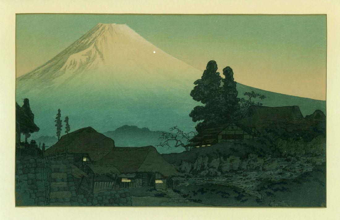 Takahashi Shotei Mt. Fuji from Mizukubo: Artist: Takahashi Shotei Title: Mt. Fuji from Mizukubo Printing Date: Post-1936. Collected during Korean War Medium: Japanese woodblock print Size/Format: 14.25 x 9.25 inches. Publisher: Watanabe Shoz