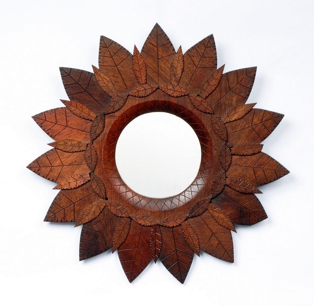 Round Tramp Art Mirror: Title: Round Tramp Art Mirror Dimension: 13.5" diameter Provenance:Round tramp art mirror with carved leaves. Original mirror. Circa 1940s. Shipping: Domestic: Flat-rate of $25.00 to anywhere within t