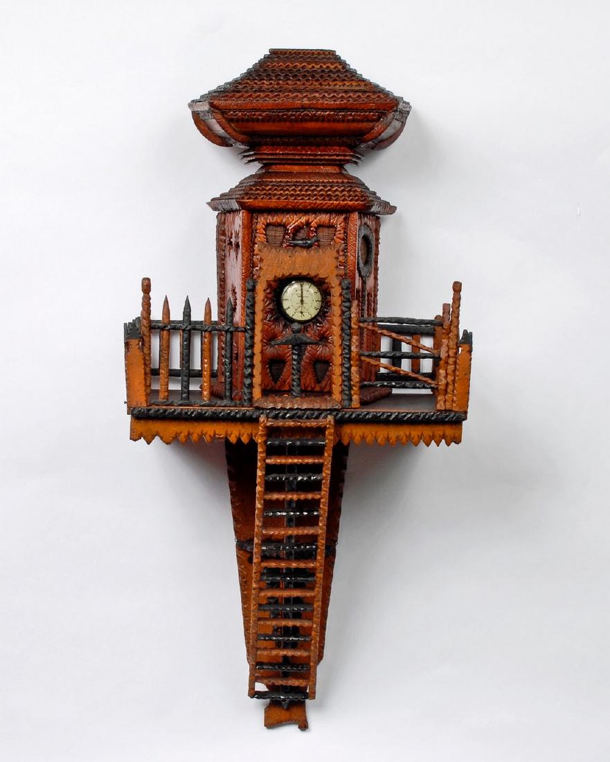 Tramp Art Watch Hutch Carved Bird: Title: Tramp Art Watch Hutch Carved Bird Dimension: 28" high x 13" wide Provenance:Elaborate 2 piece tramp art pocket watch hutch holder with a carved bird, hearts, shields, stars, mother-of-pearl inl
