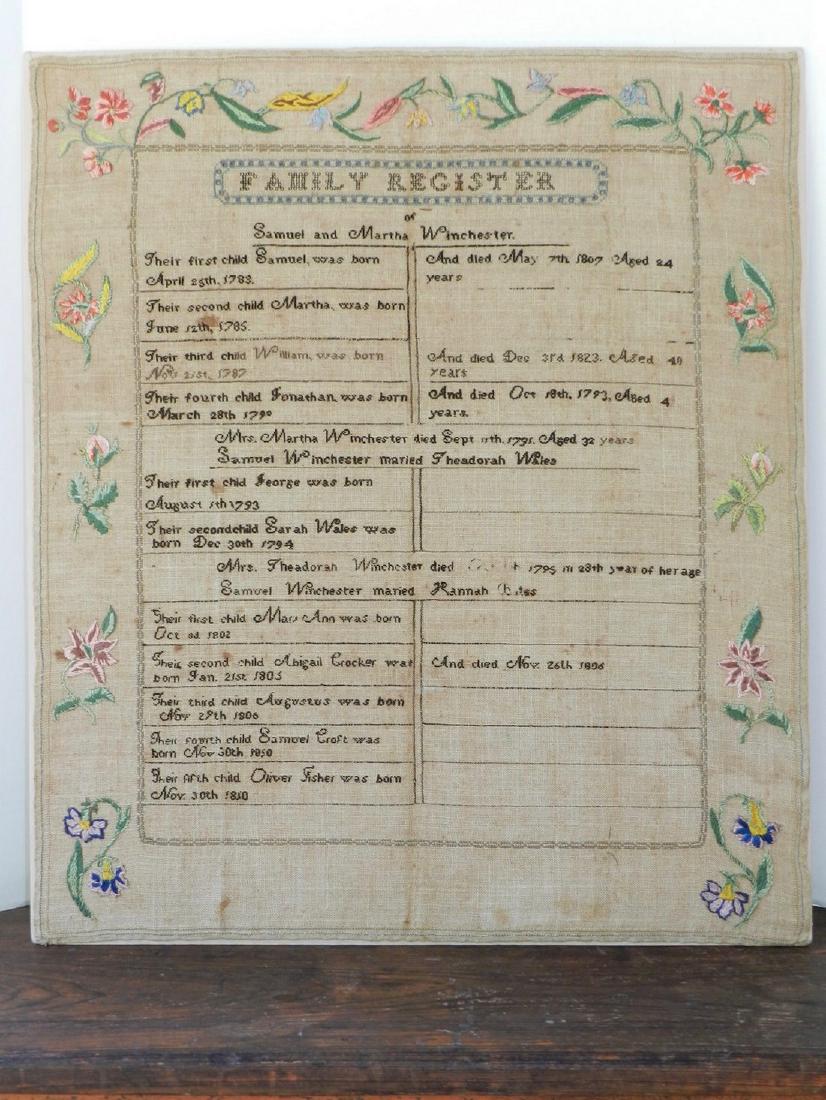 Important Family Register Sampler: Title: Important Family Register Sampler Dimension: 22" x 25". Provenance:Important family register sampler for the Samuel & Martha Winchester family, including one entry showing the birth of Oliver F