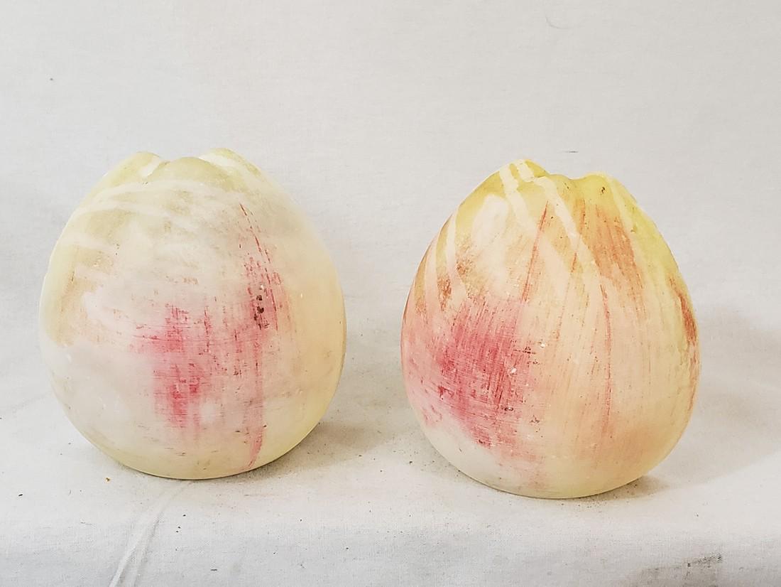 Pair of alabaster stone apple halves. 2nd quarter 20th: Title: Pair of alabaster stone apple halves. 2nd quarter 20th century. Dimension: Each 4 1/2" high Provenance:Good condition with some paint loss. Shipping: Domestic: Flat-rate of $15.00 to anywhere w