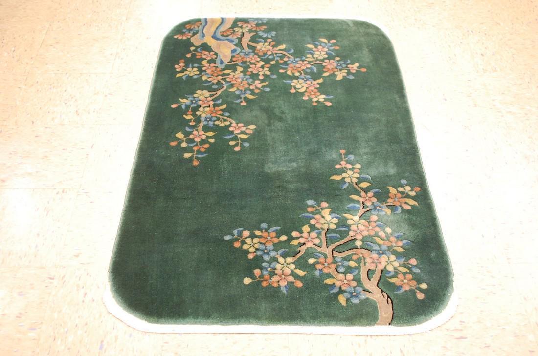 c1930s ANTIQUE MINT ART DECO CHINESE WALTER NICHOLS RUG: Title: c1930s ANTIQUE MINT ART DECO CHINESE WALTER NICHOLS RUG 3x4.10 GREEN BEAUTY Origin (city & Country): TINTSIN-CHINA Material: Natural Vegy dye Wool woven on COTTON foundation made to last for de
