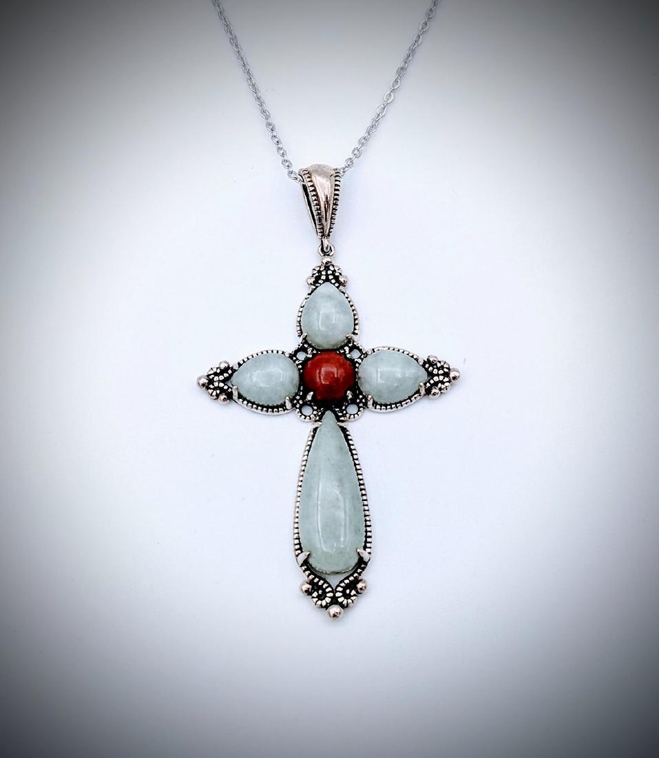 Sterling Silver Necklace & Cross Pendant w Jade & (1 of 4)
