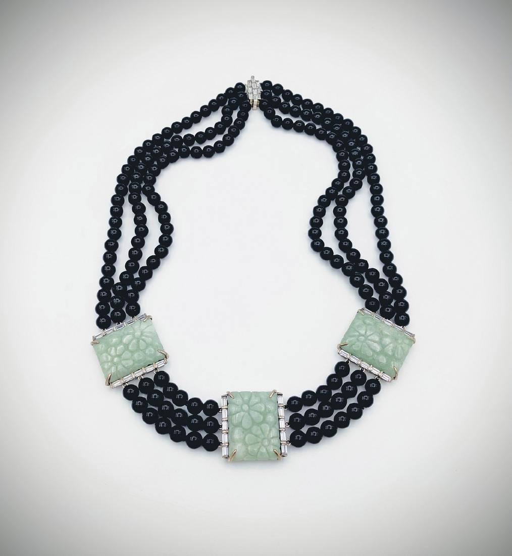 Triple Stranded Black Onyx Necklace w Jade,  CZs & (1 of 4)